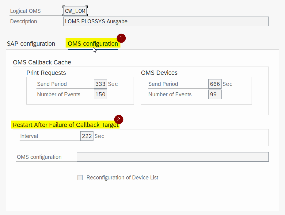 Screenshot showing the SAP interface to set the timeout for a LOMS